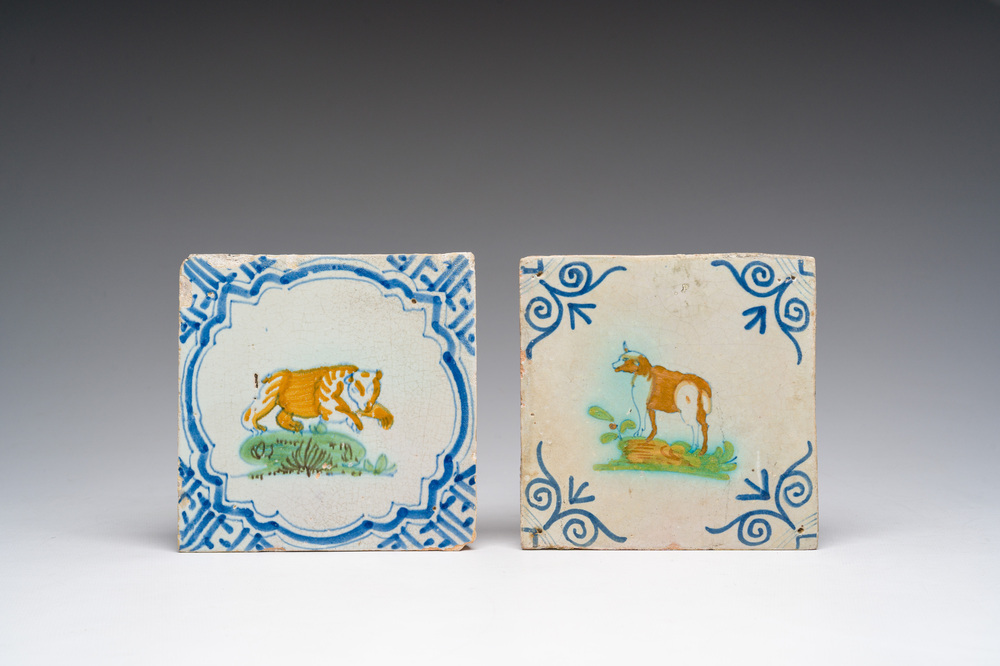 Two polychrome Dutch Delft tiles with a sheep and a bear, 17th C.