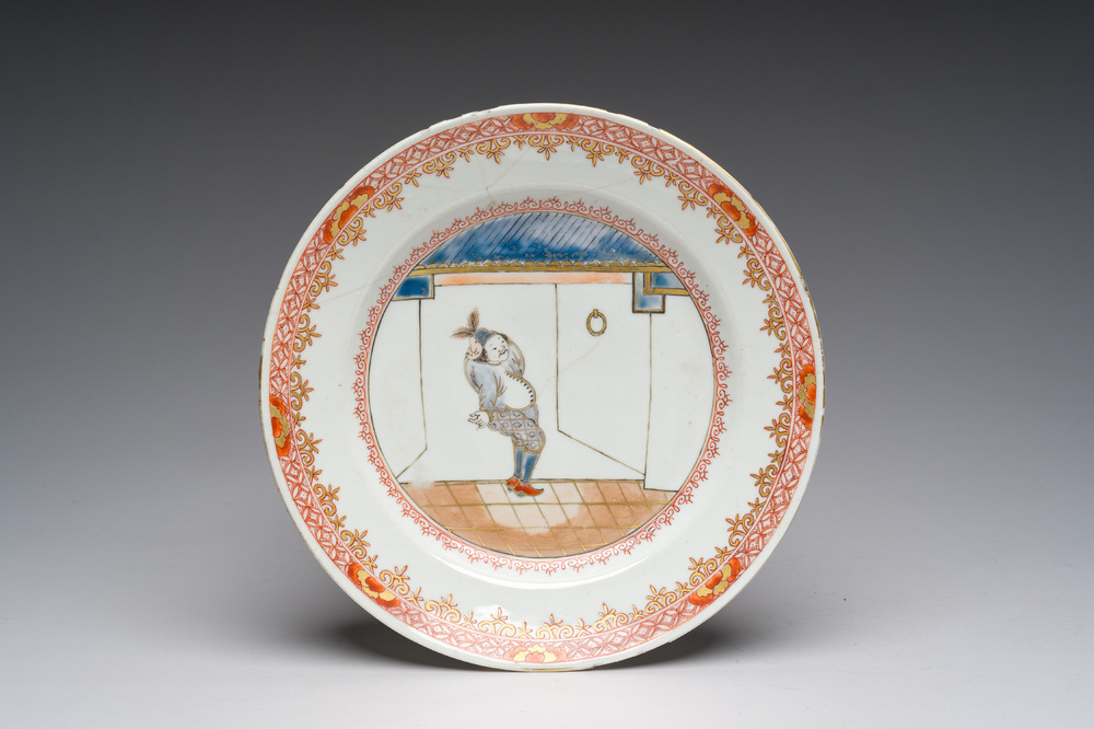A Chinese doucai 'South Sea Bubble' plate with a figure from the Commedia dell'Arte, Yongzheng
