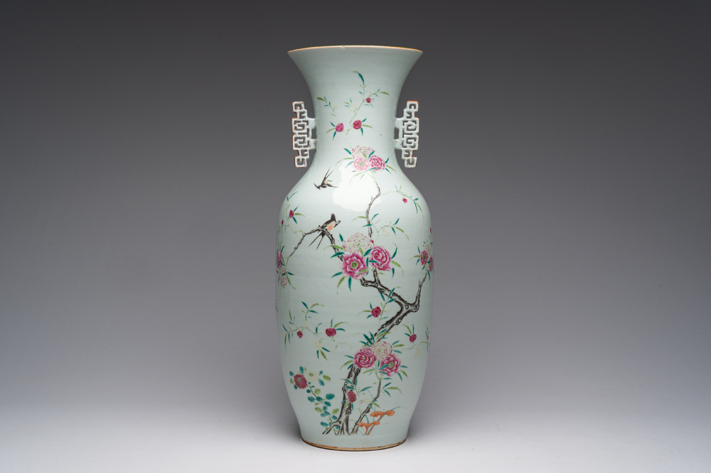 A Chinese famille rose vase with birds among blossoming branches, 19th C.