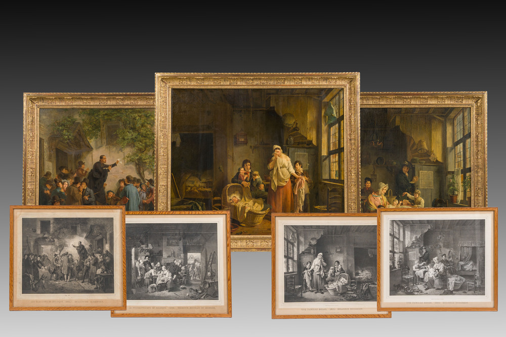 Joseph Geirnaert (1790-1859): Deux int&eacute;rieurs et un discours public, huile sur toile, dat&eacute;s 1830/1831, avec quatre lithographies ajout&eacute;es