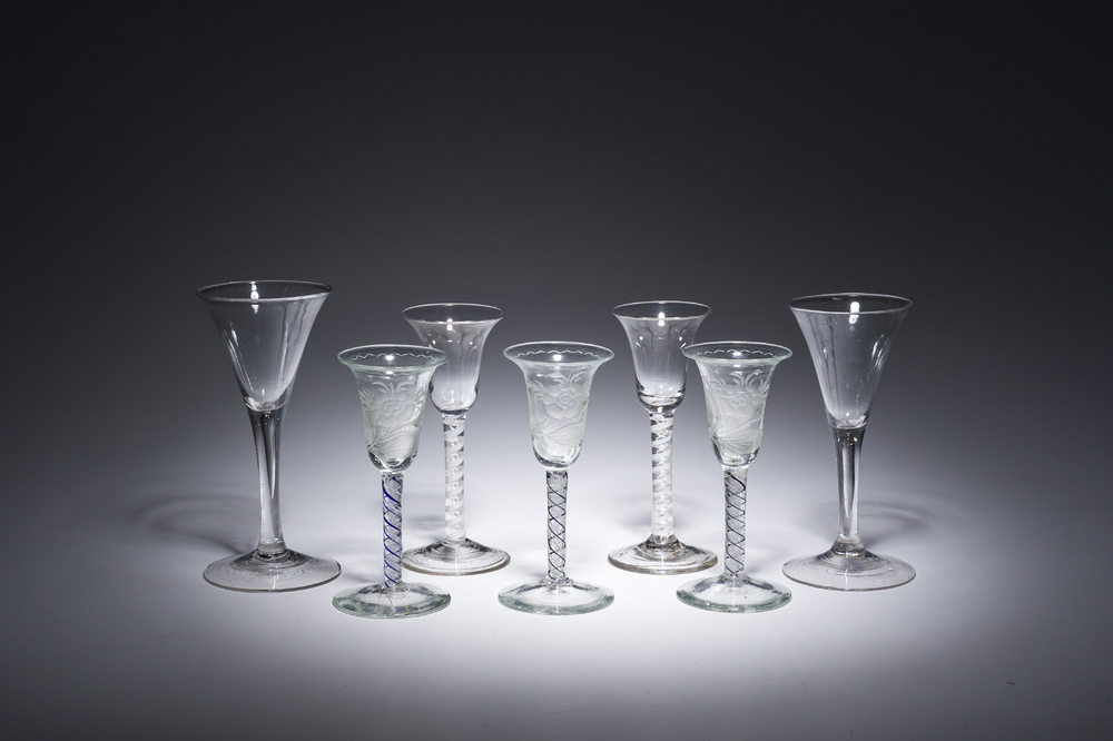 A varied collection of seven glasses, three of which with etched floral design, 18th/19th C.