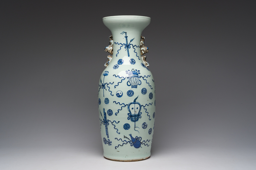 A Chinese blue and white celadon ground 'auspicious symbols' vase, 19th C.