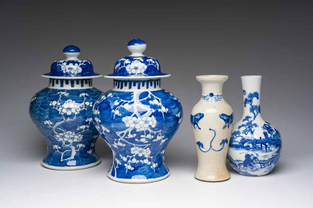 Four various Chinese blue and white vases, 19th C.
