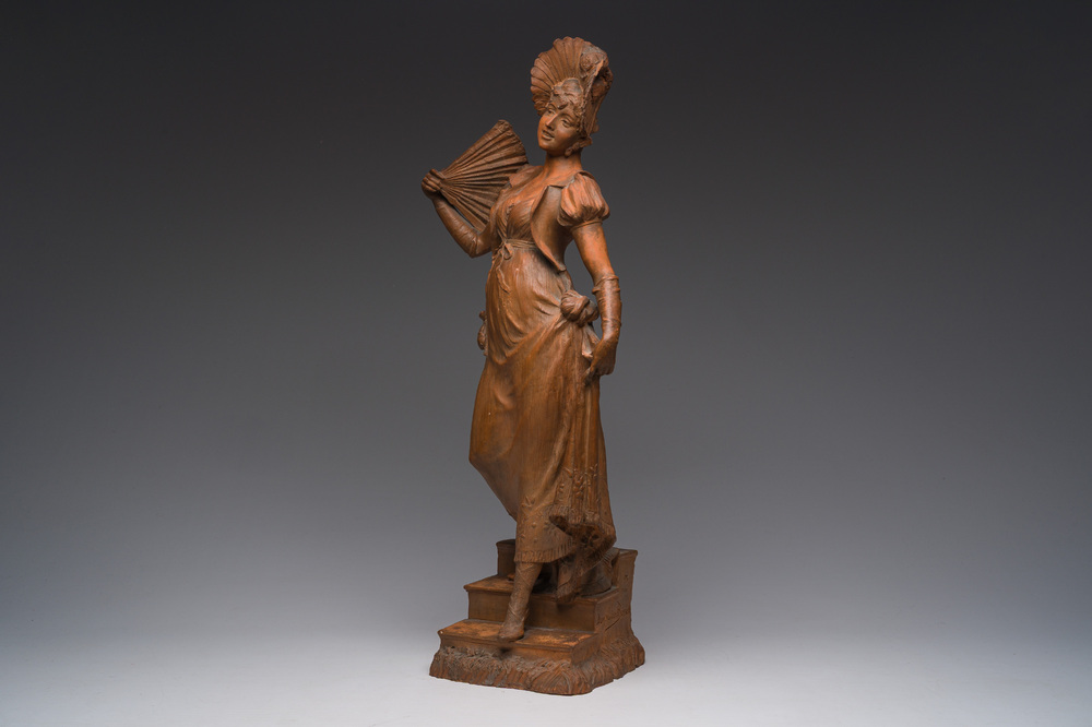 Dominique Van Den Bossche (1854-1906): Young lady with a fan descending the stairs, patinated terracotta, dated 1900