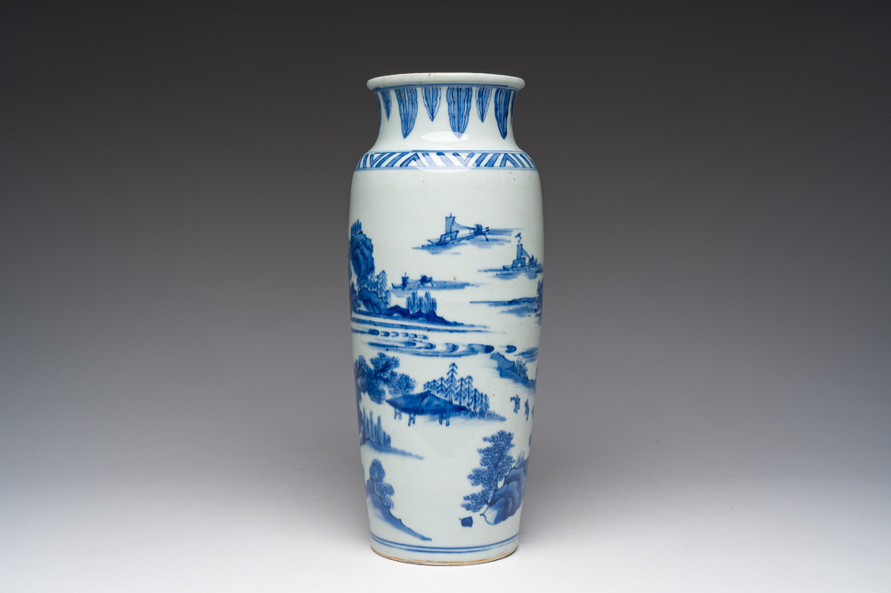 A Chinese blue and white sleeve 'water landscape' vase, 19th C.