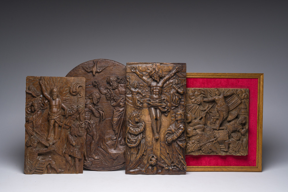 Four carved wooden religious subject panels, 17th C.