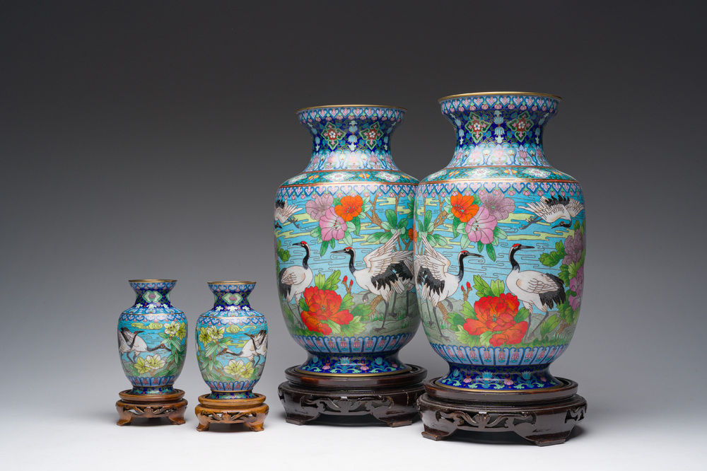 Two pairs of Chinese cloisonn&eacute; vases with cranes among blossoming branches, 20th C.