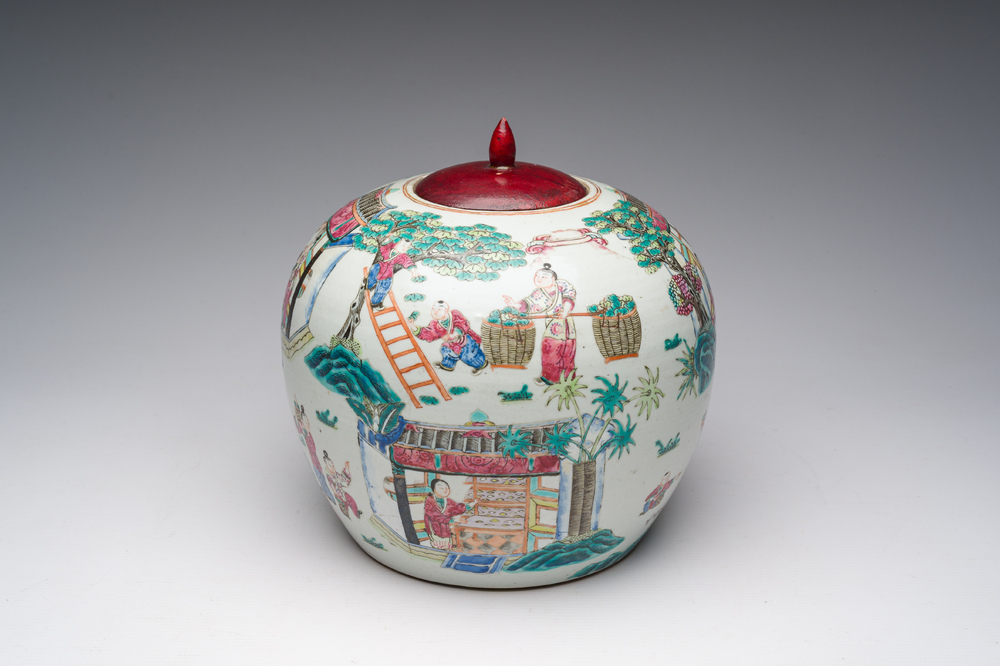 A Chinese famille rose 'silk production' jar and cover, 19th C.