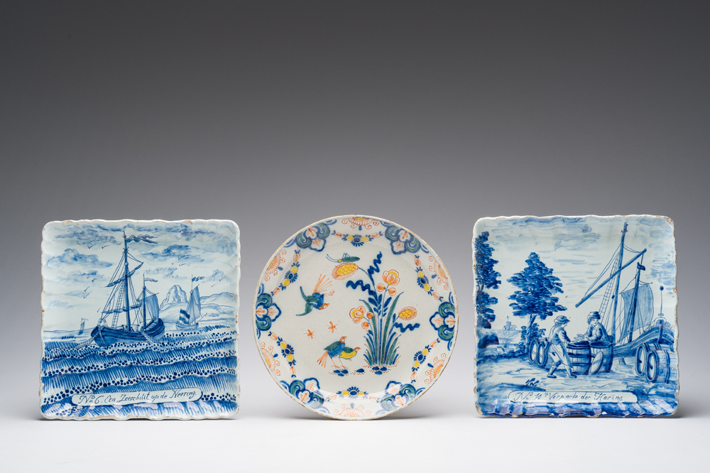 Two square blue and white Dutch Delft 'herring fishery' dishes and a polychrome 'quails' plate, 18th/19th C.