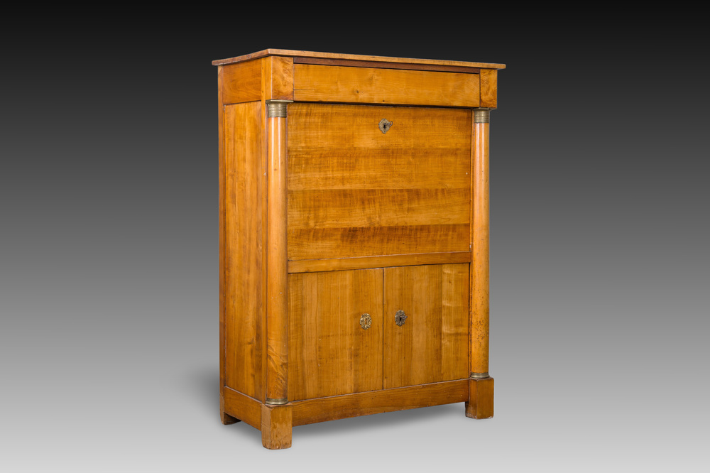 A French cherrywood bronze mounted fall-front desk with interior, 19th C.