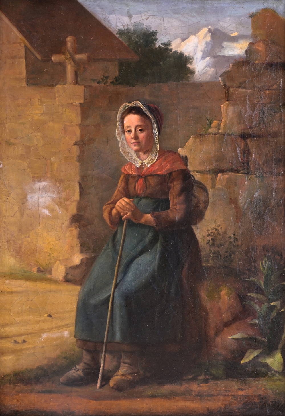 European school, illegibly signed: Girl resting at the cemetery, oil on canvas, 19th C.