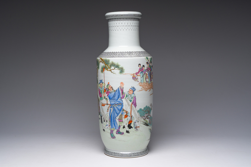 A Chinese famille rose rouleau vase with immortals in a garden, Qianlong mark, 20th C.
