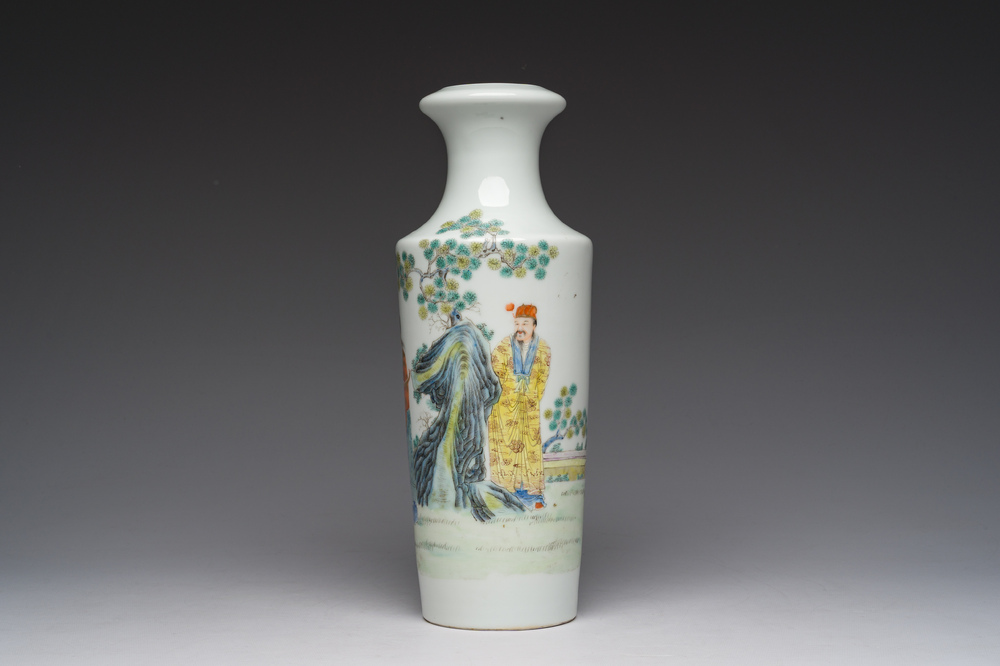 A Chinese famille rose vase with figures in a garden, Qianlong mark, Republic