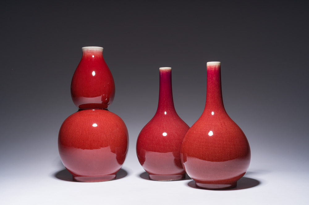 A pair of Chinese langyao bottle vases and a double gourd vase, Qianlong mark, 20th C.