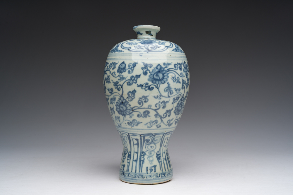 A Chinese blue and white 'lotus scroll' meiping vase, Ming