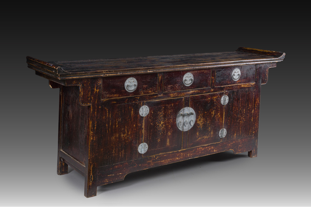 A Chinese brass mounted wooden sideboard, Shanxi, late Qing
