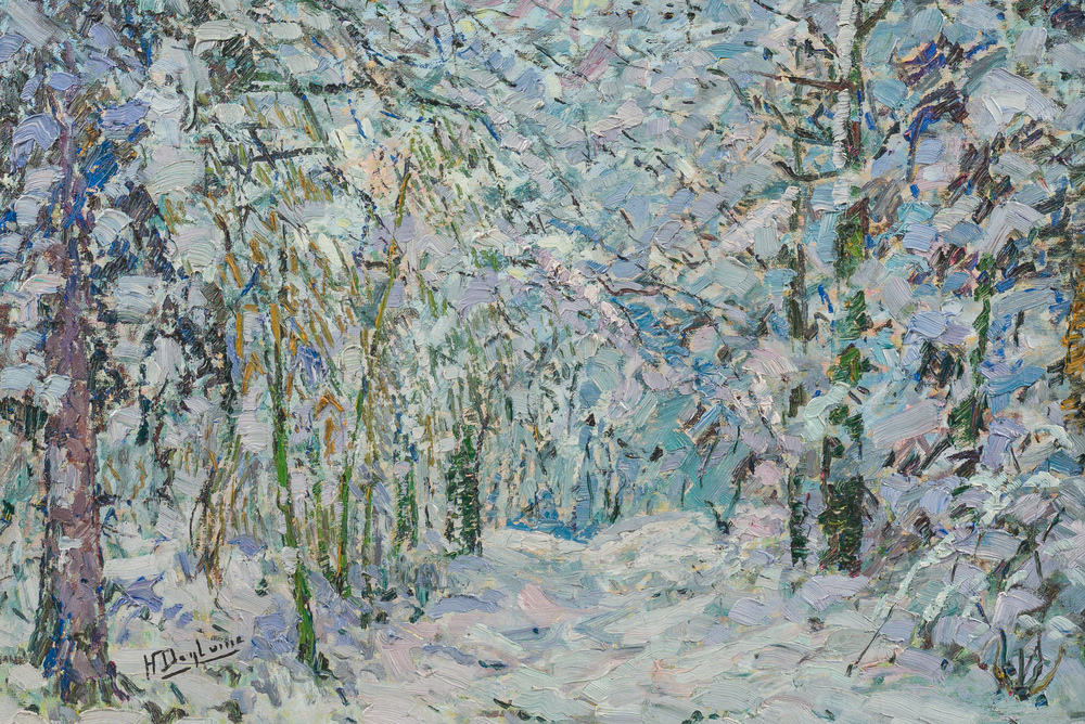 Henri Deglume (1865-1940): Besneeuwd boslandschap, olie op doek
