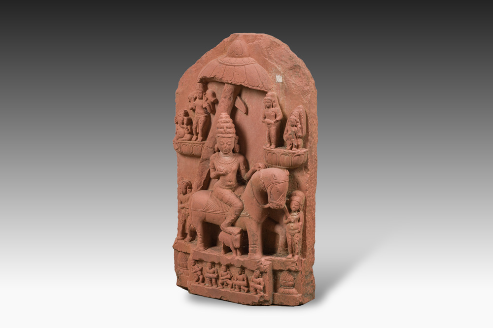 An Indian red sandstone stele depicting the Hindu god Revanta, probably Bundi region, Rajasthan, 11th - 12th C.