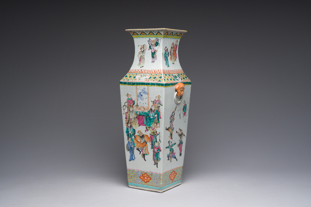 A square Chinese famille rose 'warriors' vase, 19th C.