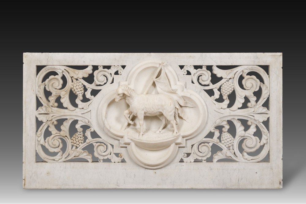 A Gothic Revival reticulated white marble 'Agnus Dei' relief, 19th C.