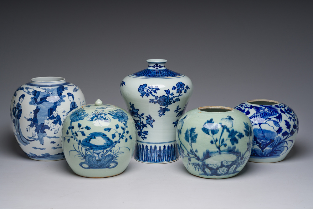 Five Chinese blue and white jars and vases with floral design and figures in a landscape, 19th/20th C.