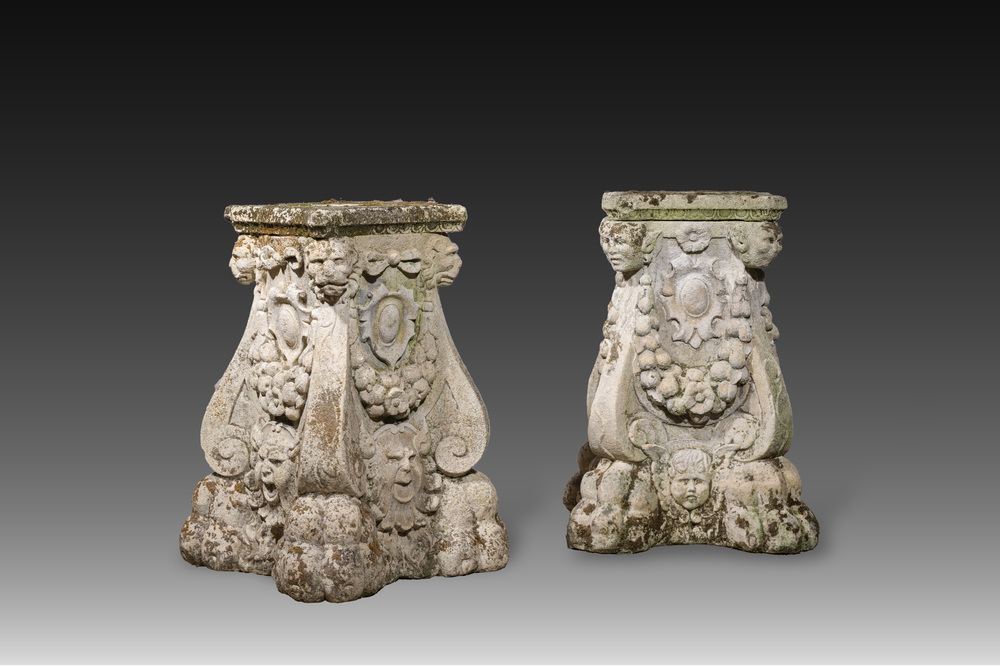 A pair of carved stone pedestals in the Neo-Renaissance style, 19th C.