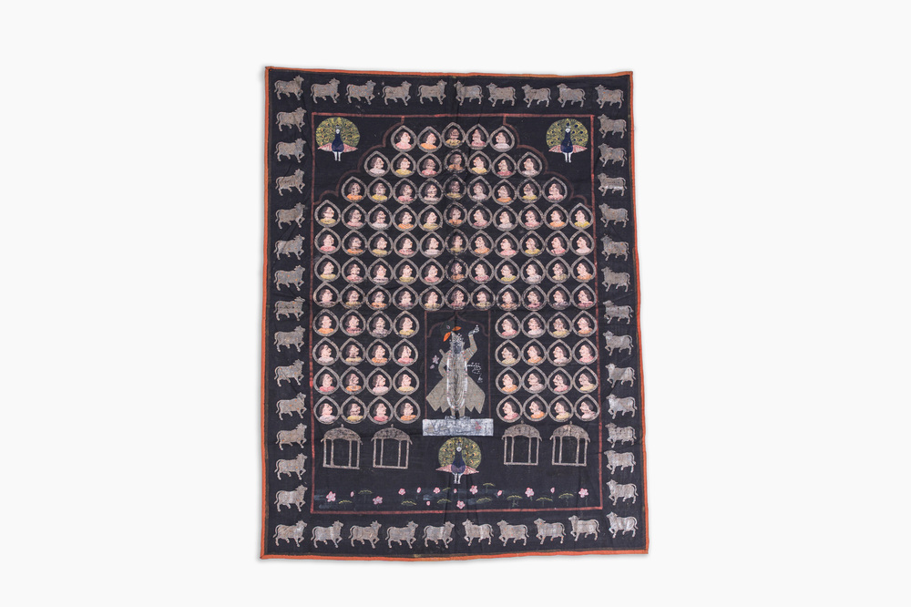 An Indian pichwai depicting Shreenathji (Krishna) surrounded by portraits of gopis, Nathdwara, Rajasthan, first quarter 20th C.