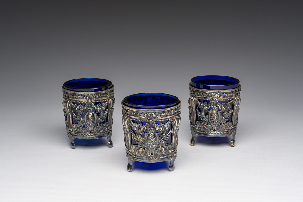 Three Louis XVI blue glass and openworked silver mustard pots, ca. 1800