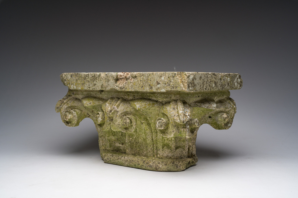 A rectangular carved stone capital in Romanesque style, probably Flanders, 17th C.