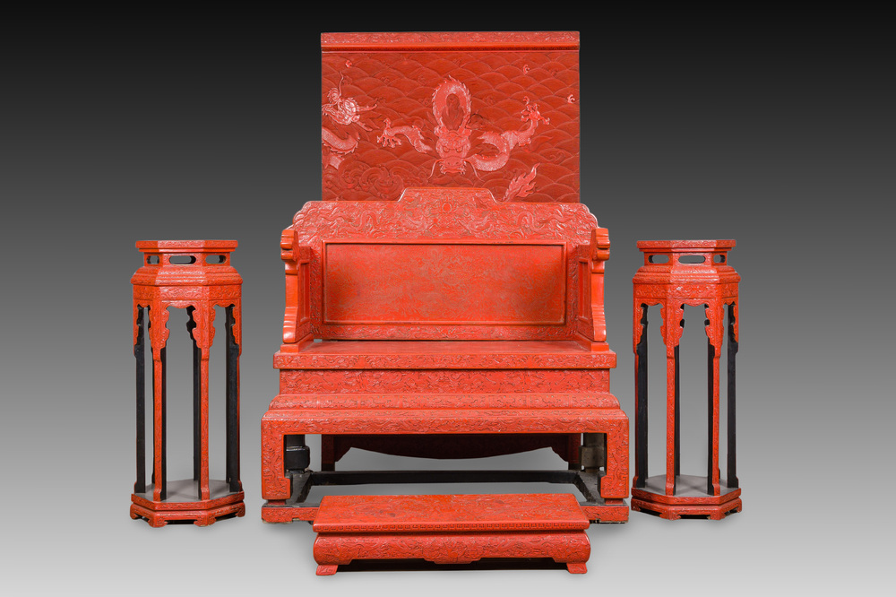 A Chinese five-piece red lacquer throne ensemble with dragons in imperial Qianlong style, 20th C.
