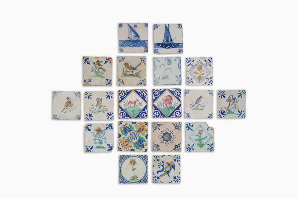 18 blue, white and polychrome Dutch Delft tiles, 17th C. and later