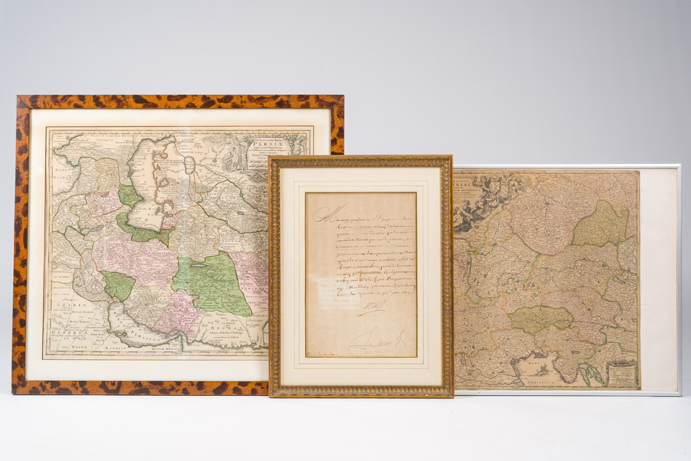 Two hand-coloured copper engravings relating to Austria and Persia and a manuscript letter, 17th/18th C.