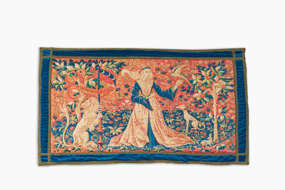 Roga (Rogatienne Pasquier, 1871-1953): Tapestry finished with gold thread based on the series 'The Lady and the Unicorn'