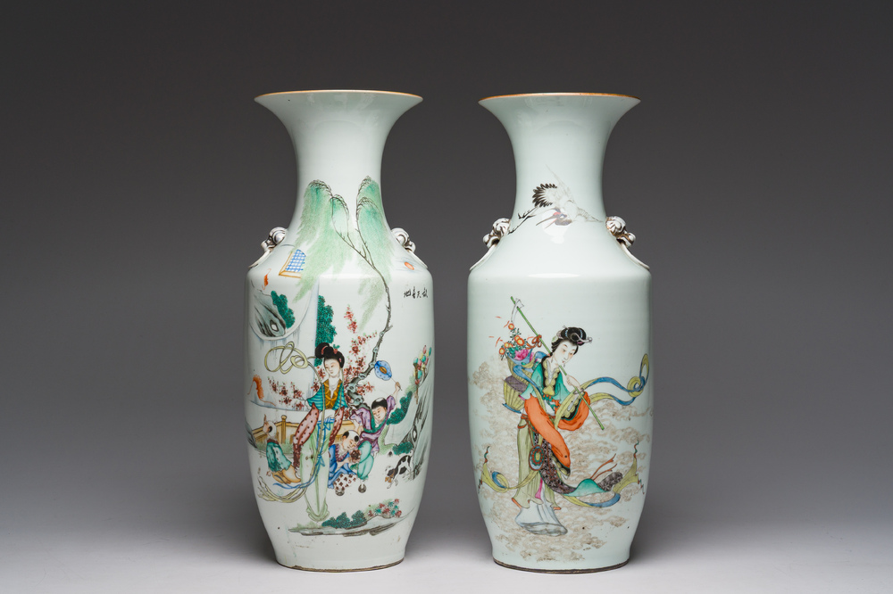 Two Chinese famille rose vases with Lan Caihe and a lady with boys in a palace garden, 19th/20th C.