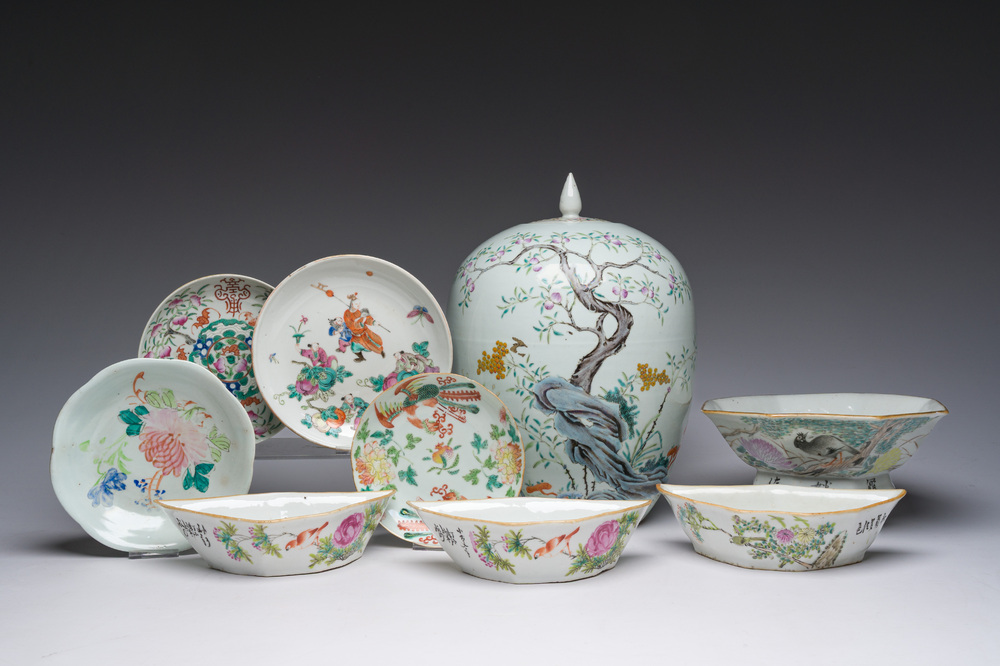 A varied collection of Chinese famille rose and qianjiang cai porcelain, 19th/20th C.