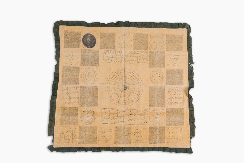 A rare Indian Jain cloth with a hand-drawn priestly cosmogram, Gujarat, early 20th C.