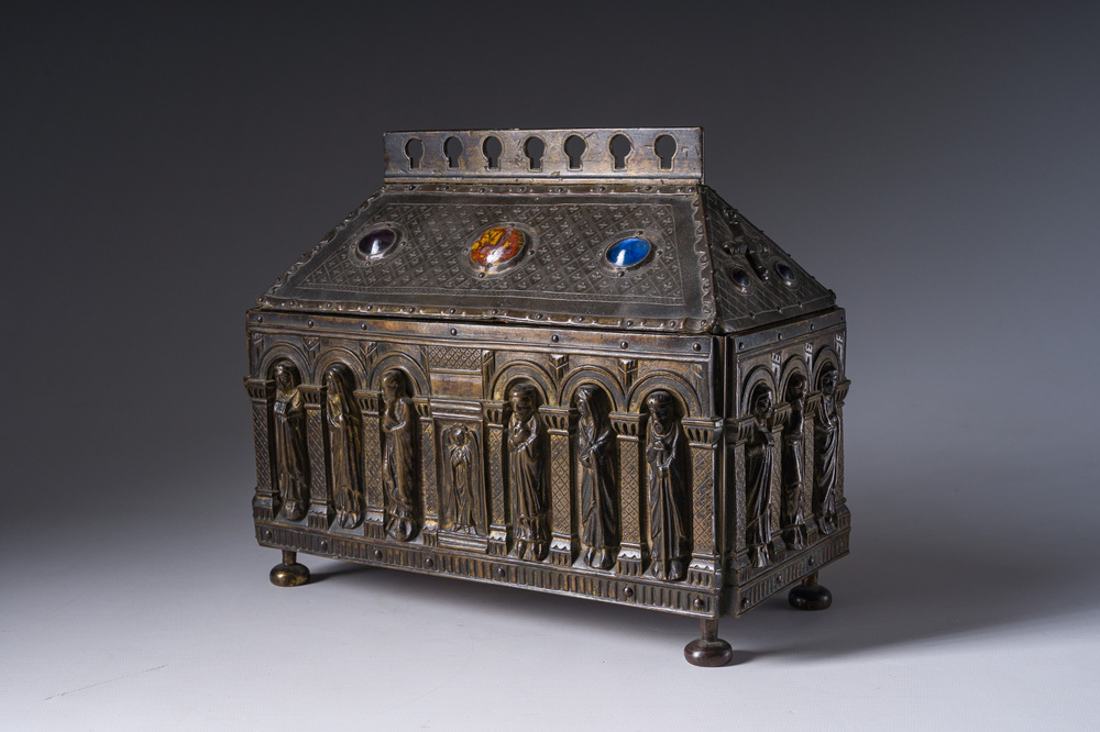 A Gothic Revival parcel-gilt bronze reliquary casket or chasse with glass cabochons, 19th C.