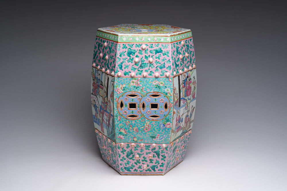 A hexagonal Chinese famille rose garden seat with figural design, 19th C.