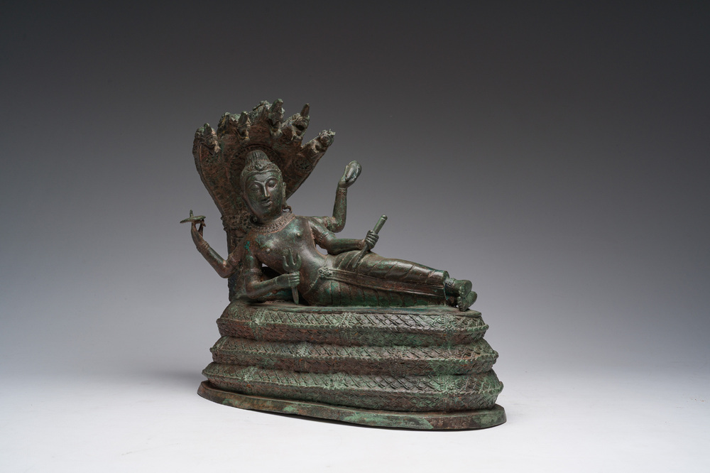 Indian school: Vishnu resting on Shesha or Ananta Shesha, king of the nagas, patinated bronze, 19th C.