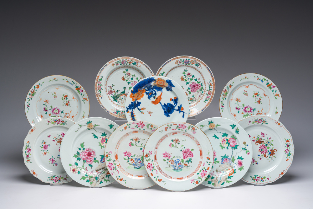 Ten Chinese famille rose plates and an Imari style plate with floral design, Qianlong