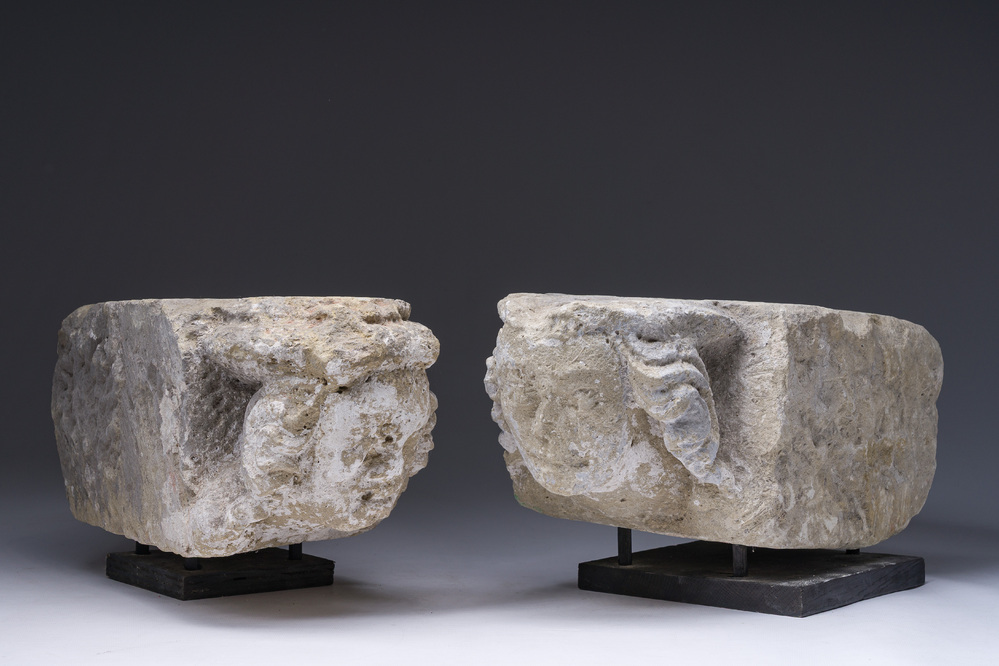 Two architectural carved stone fragments with angel heads, probably Flanders, 15th C.