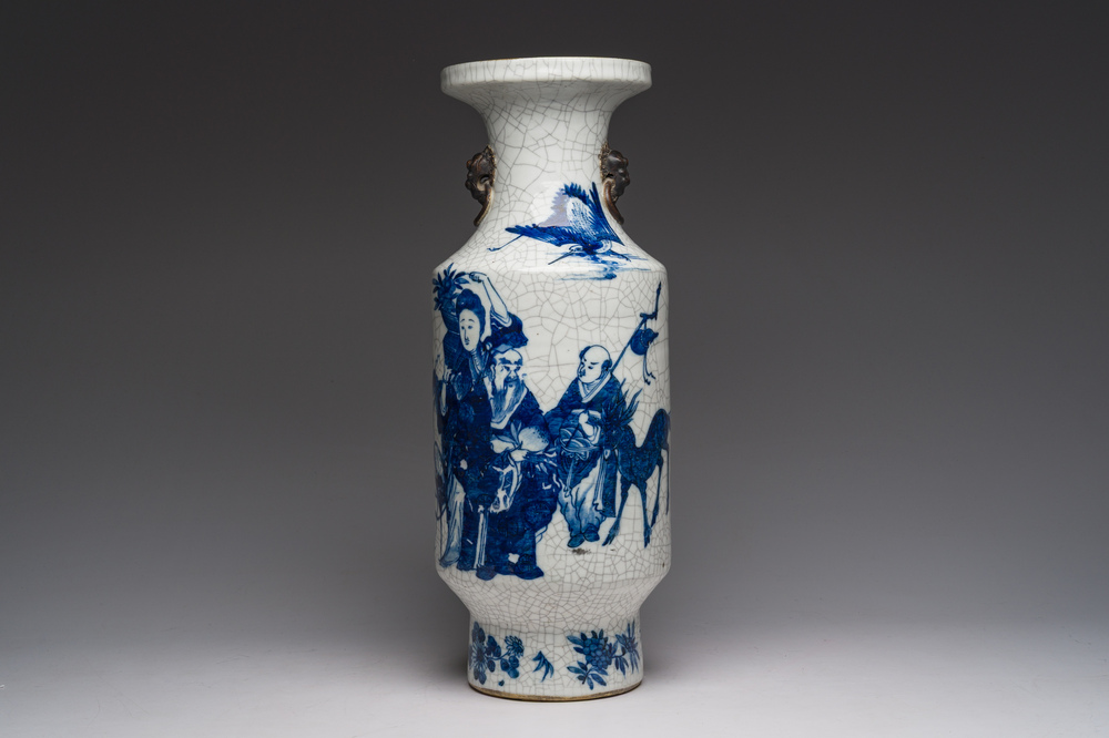 A Chinese Nanking crackle glazed blue and white 'Immortals' vase, Chenghua mark, 19th C.