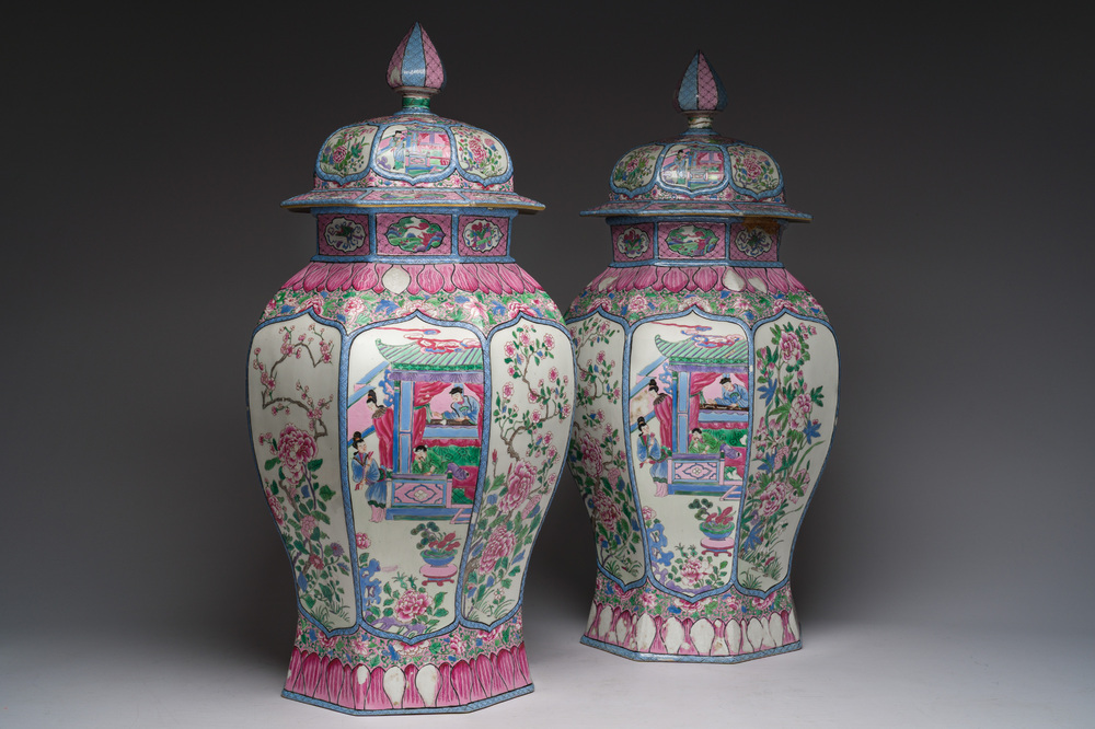 A pair of French Samson famille rose style vases and covers with animated scenes and floral design, Paris, 19th C.