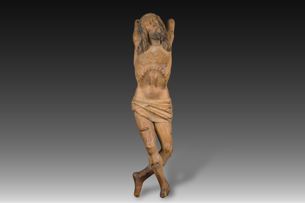 A large limewood sculpture of the crucified Saint Dismas, Germany, 16th C.