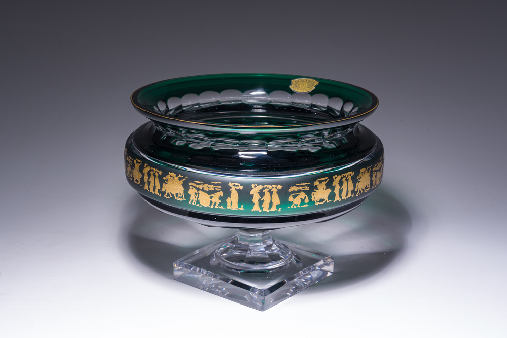 A Belgian partly green coloured crystal cut 'Danse de Flore' coupe, Val Saint Lambert, 20th C.