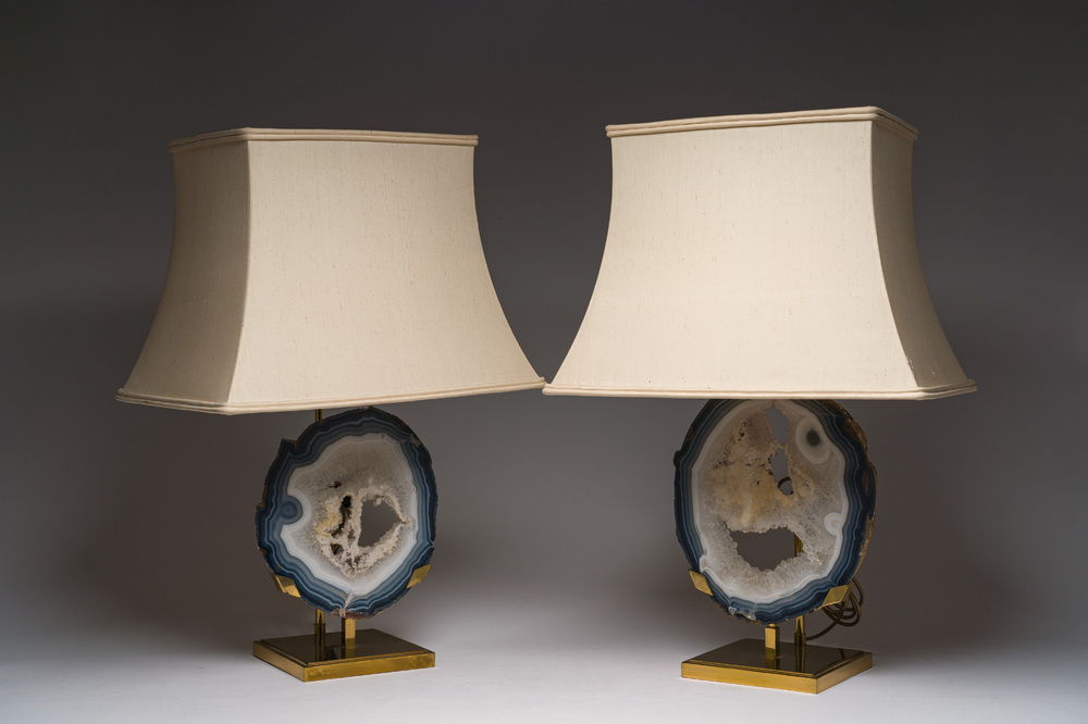 Willy Daro (1918-1990, attributed to): A pair of gilt brass lamps with agate discs