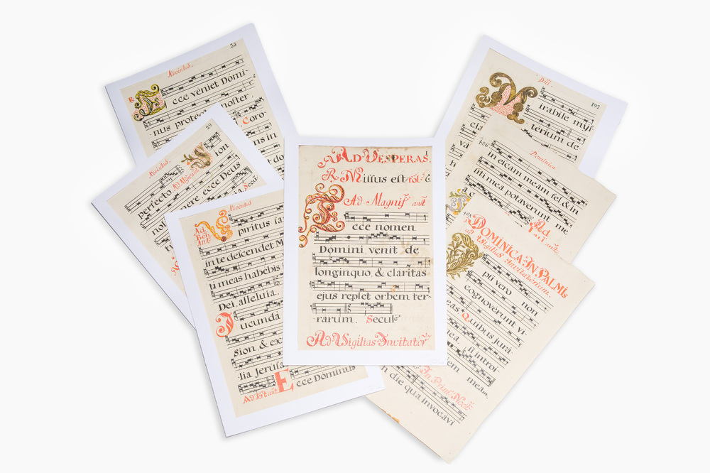A collection of antiphonal music sheets in Latin, ink and colours on paper, 18th C.