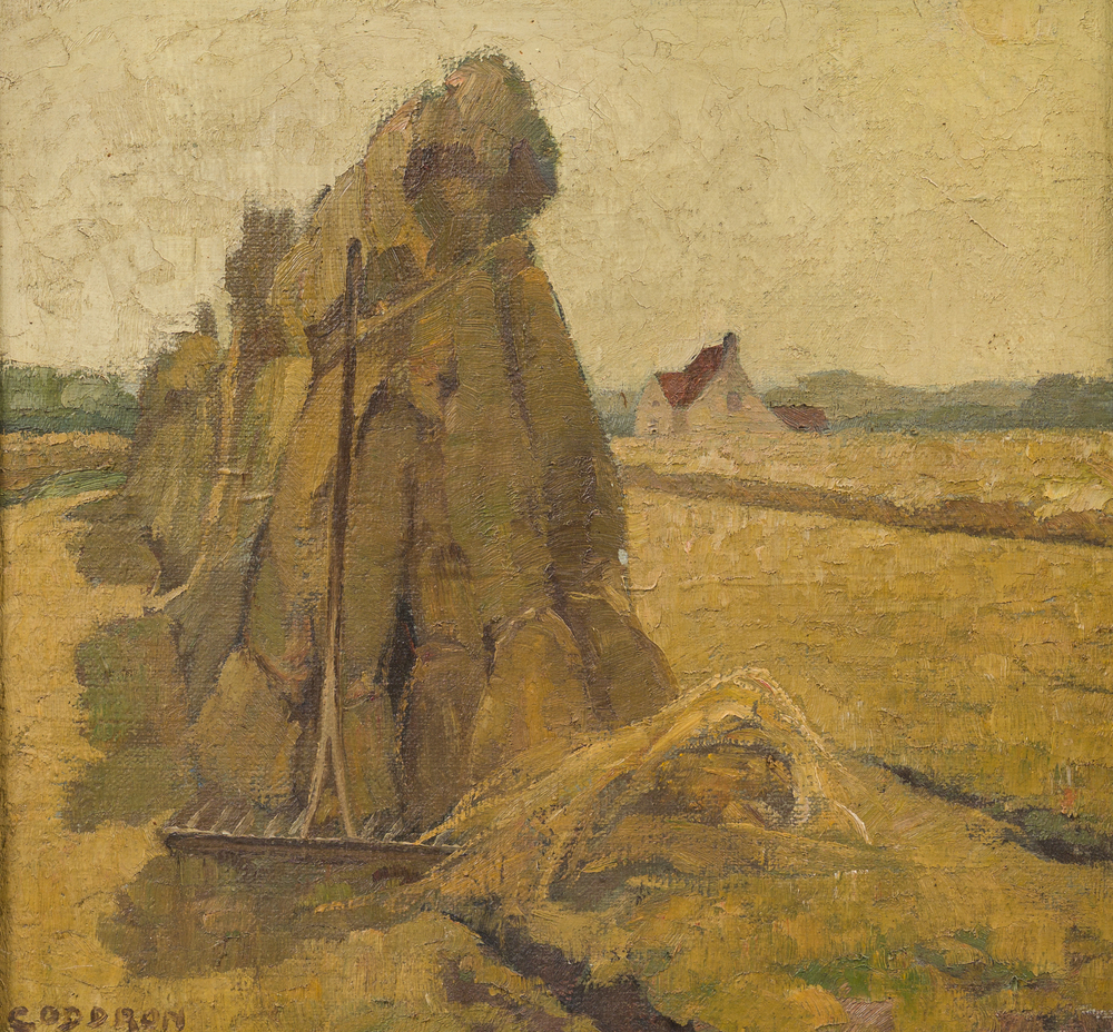 Oscar Coddron (1881-1960): Haystacks in a landscape, oil on canvas