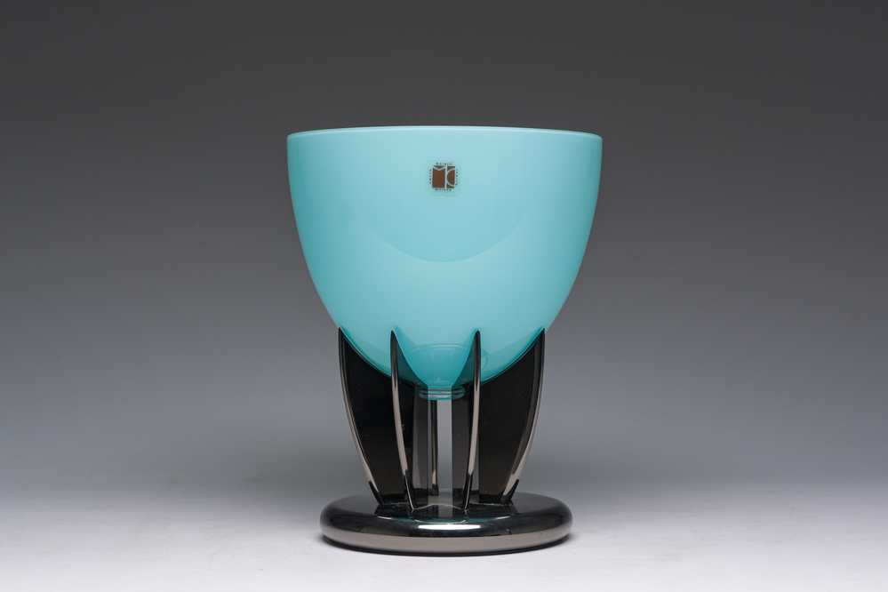 An Italian blue Murano glass fruit bowl on stand, Carlo Moretti, 2000s