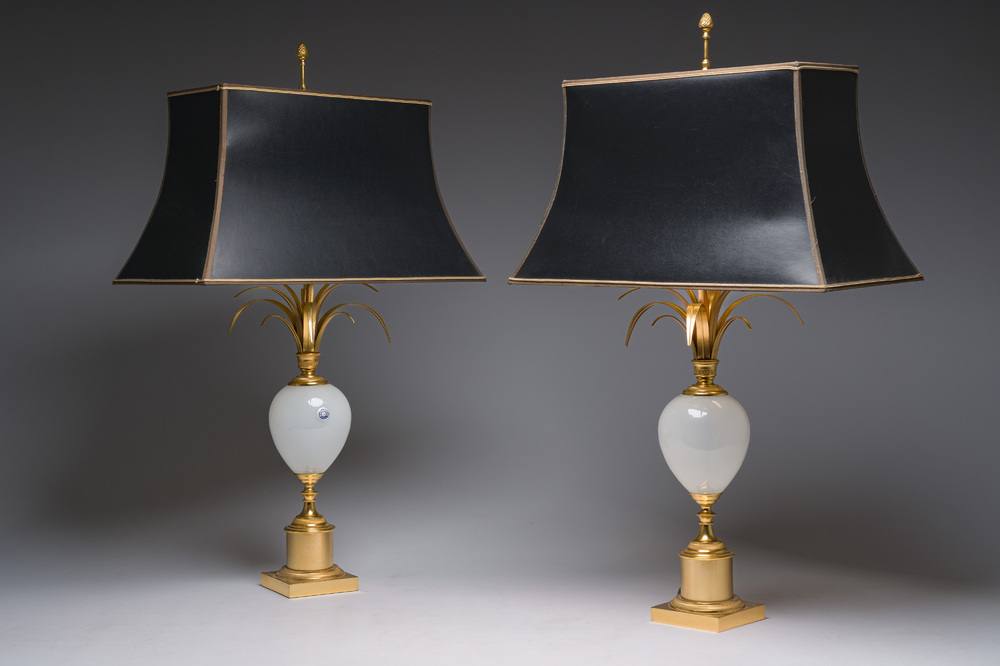A pair of Belgian white opal glass and gilt brass 'ostrich egg' table lamps, S.A. Boulanger, Anderlecht, 1970s